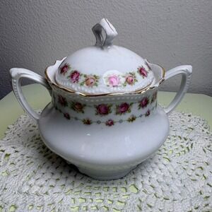 Vintage PK Silesia White Sugar Bowl Floral Porcelain Gold Trim CHIPPED